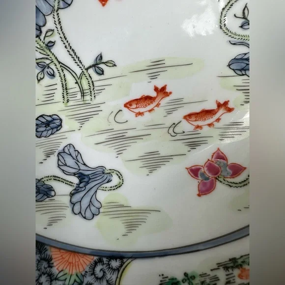 1960s Vintage Chinoiserie Hand Painted Lotus Bowl with Koi Fish Decorative Bowl